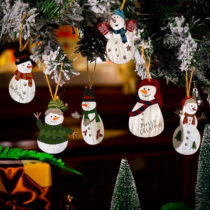 Weysat Snowman Christmas Tree Ornaments Decorations Christmas Tree Wooden Hanging Ornaments Winter Snowman Hanging Ornament with Lanyard for Xmas Holiday Party Favor Supplies(36 Pcs)