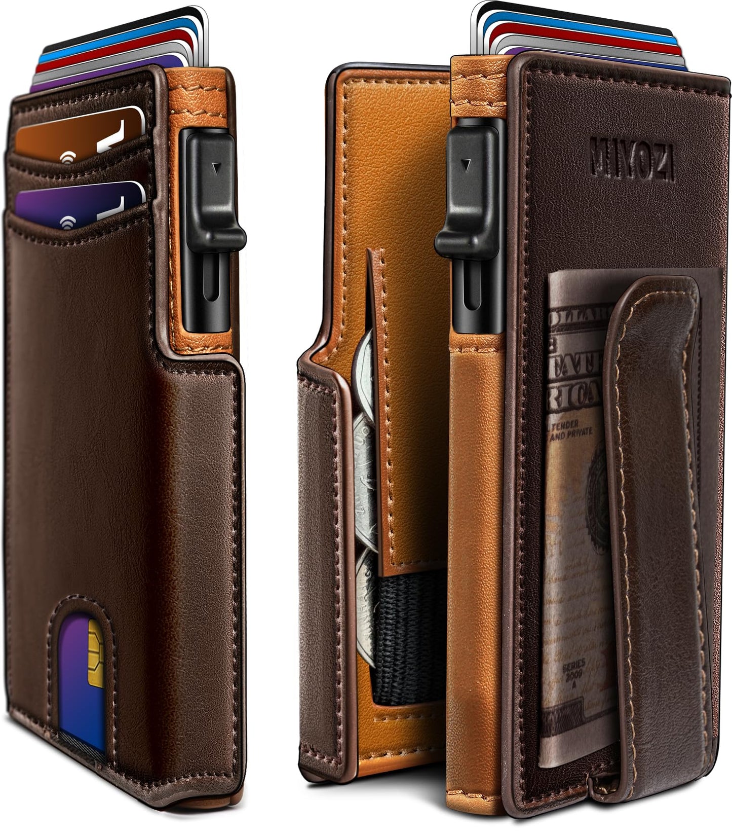 miyozi Wallet for Men, Magnetic Minimalist Slim Wallet with Pop Up Card Holder, 9 Cards RFID Blocking Metal Credit Card Case, Leather Wrapped Money Clip, ID Window & Small Item Slot, Gift Boxed