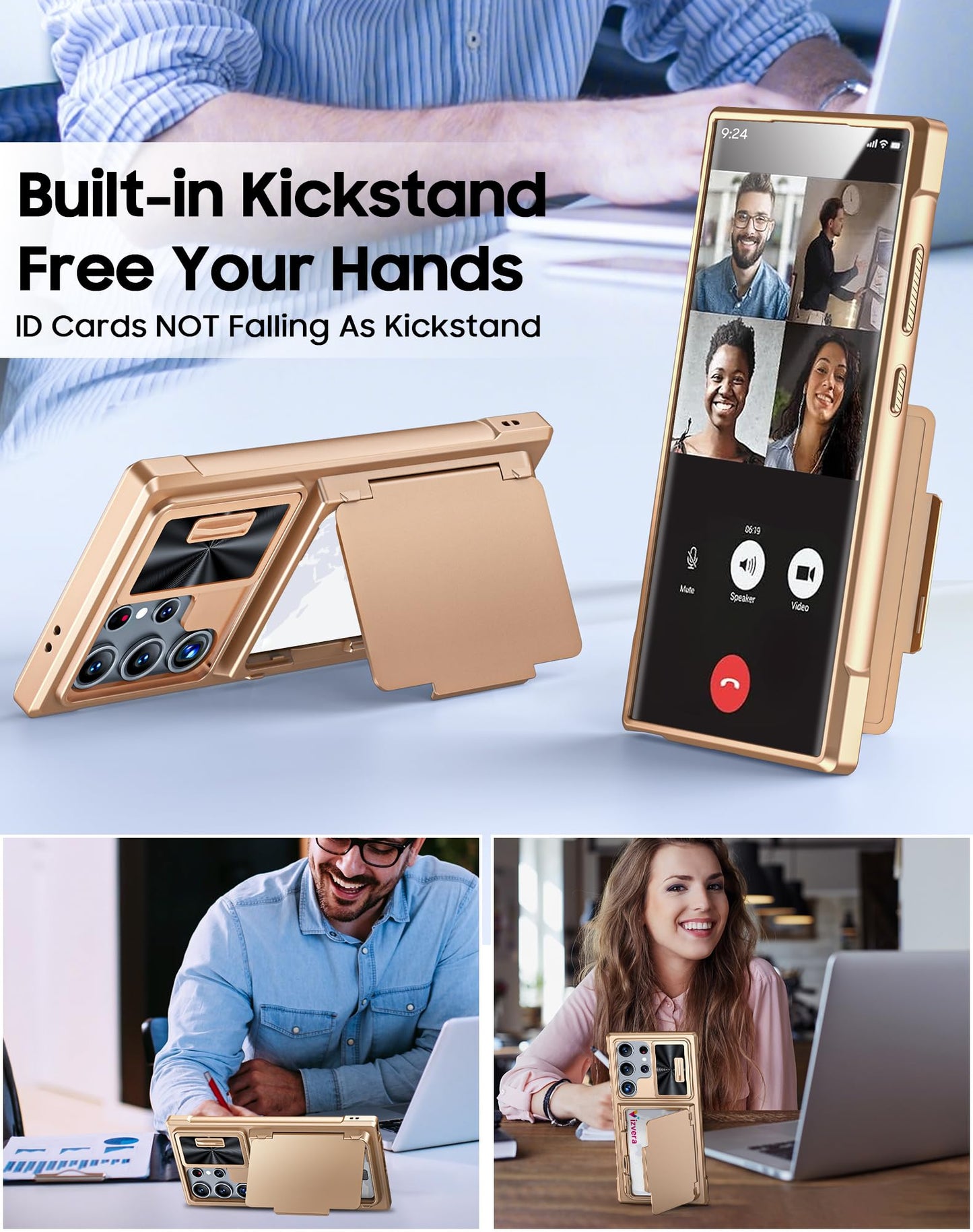Vizvera for Samsung Galaxy S24 Ultra Case Wallet, RFlD Cards Holder & Camera Cover & Kickstand for Women Men, Full Body Rugged Shockproof Silicone Case for S24 Ultra 6.8" 2024 Only-Champagne Gold