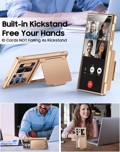 Vizvera for Samsung Galaxy S24 Ultra Case Wallet, RFlD Cards Holder & Camera Cover & Kickstand for Women Men, Full Body Rugged Shockproof Silicone Case for S24 Ultra 6.8" 2024 Only-Champagne Gold