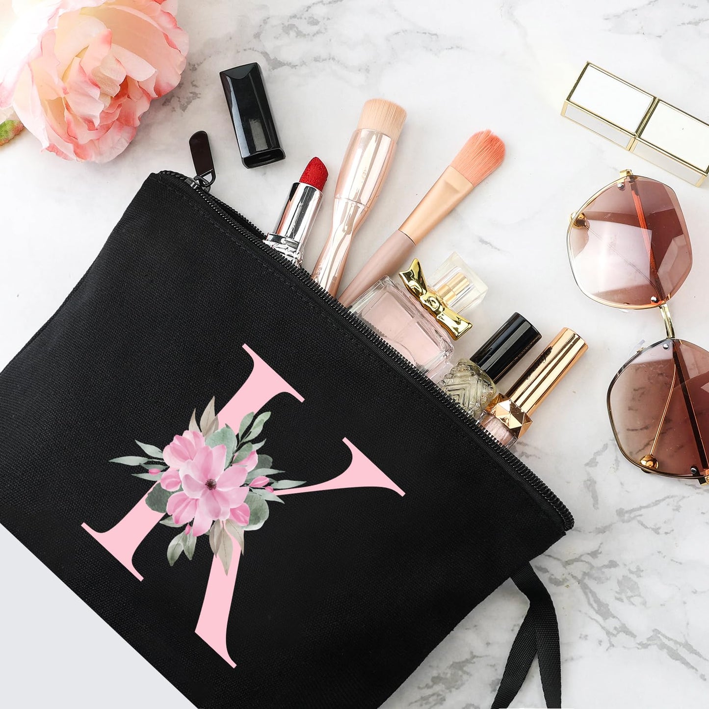 Vavabox A-Z Personalized Makeup Bag, Birthday Gifts for Women Mom, Gifts for Best Friend, Bride Bridesmaid Cosmetic bag (K, Black)