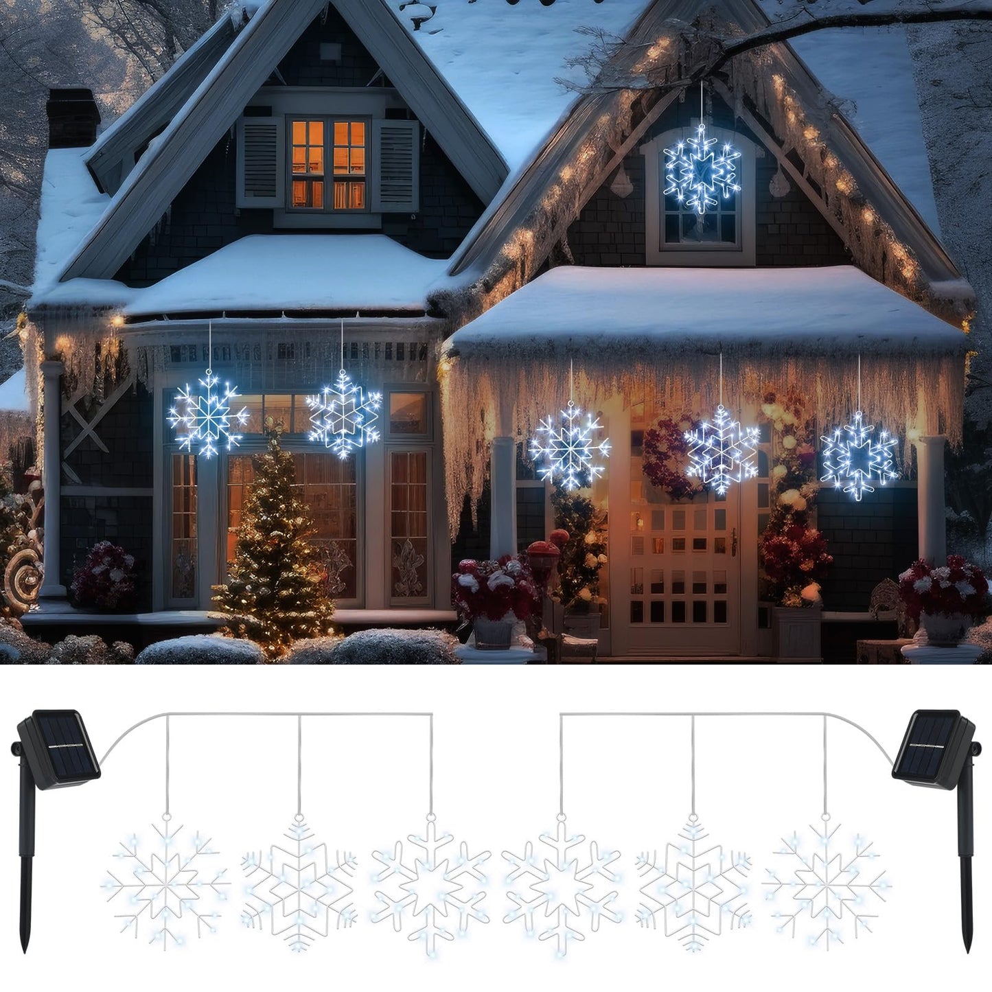 Baquler 2 Set Christmas Snowflake Solar Lights 20 Feet 138 LED Waterproof Outdoor Cool White Twinkle Fairy Lights 8 Modes Solar Hanging String Lights Decoration for Xmas Tree Porch Roof Window Decor