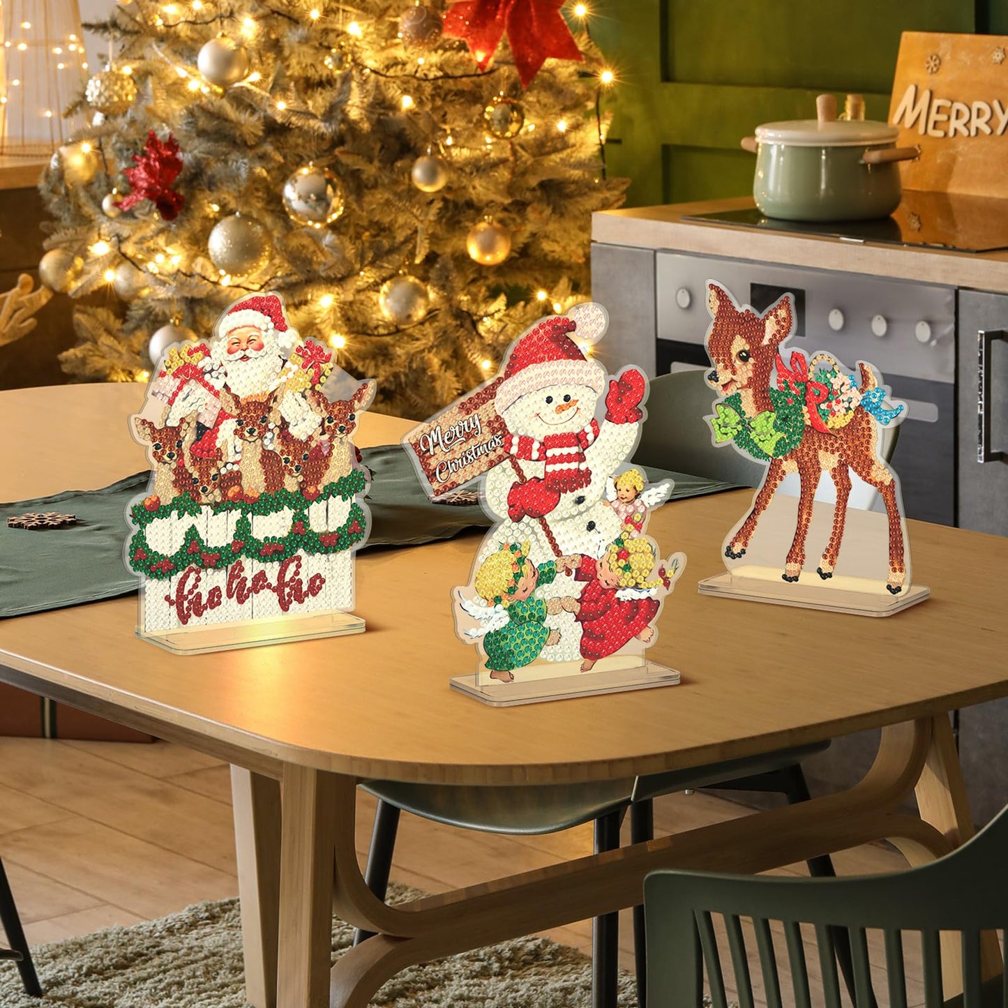 Moucuny 6 Pcs Christmas Diamond Painting Desktop Ornament Art Sign Set Diamond Painting Kits Christmas Tree Snowman Tabletop Rhinestone Signs DIY Kits Gift for Adults Acrylic Paint Xmas Decoration