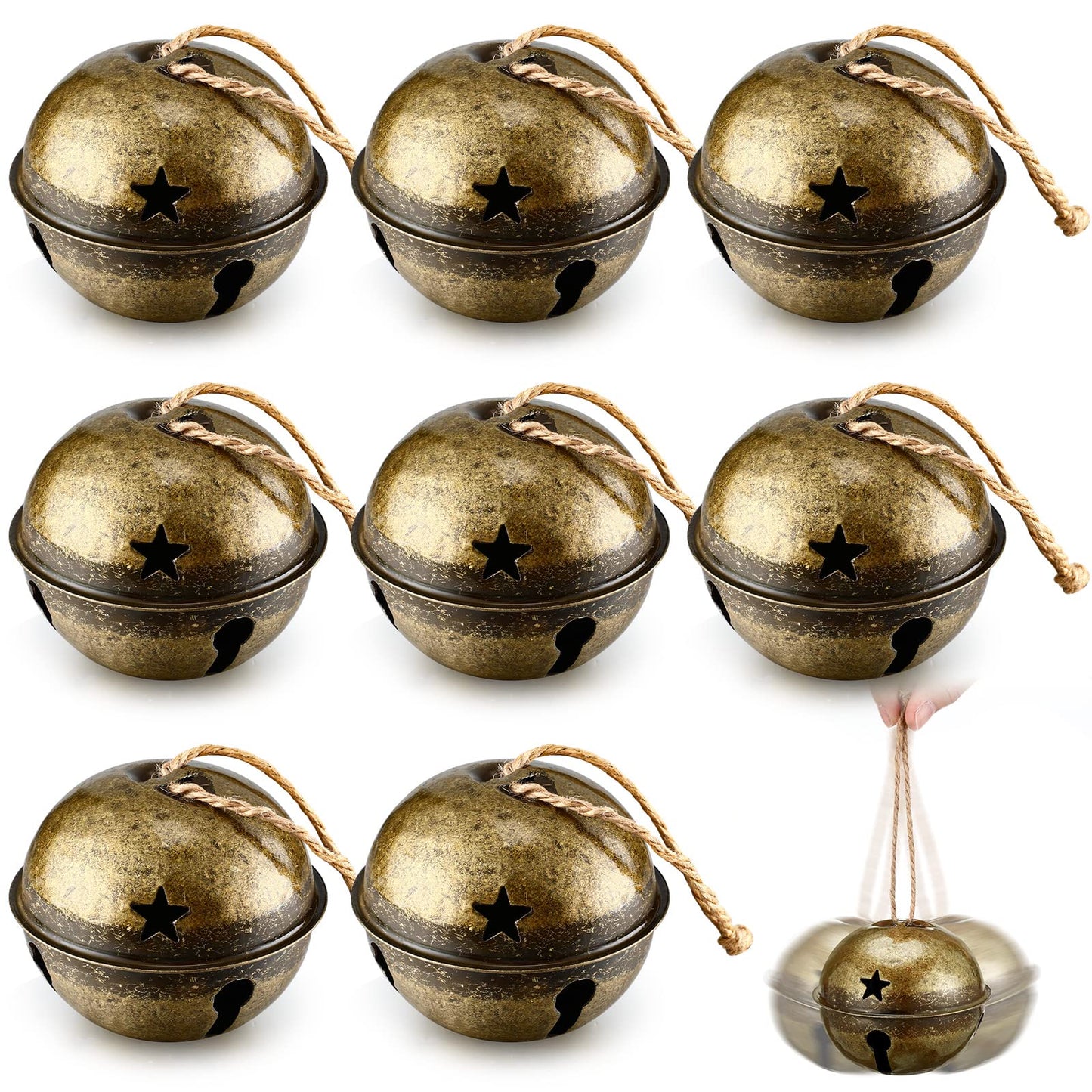 Zhengmy 8 Pcs Jumbo 3.15'' Christmas Star Cutouts Bells for Craft Large Bells Xmas Ornament Christmas Tree Decor (Brass)