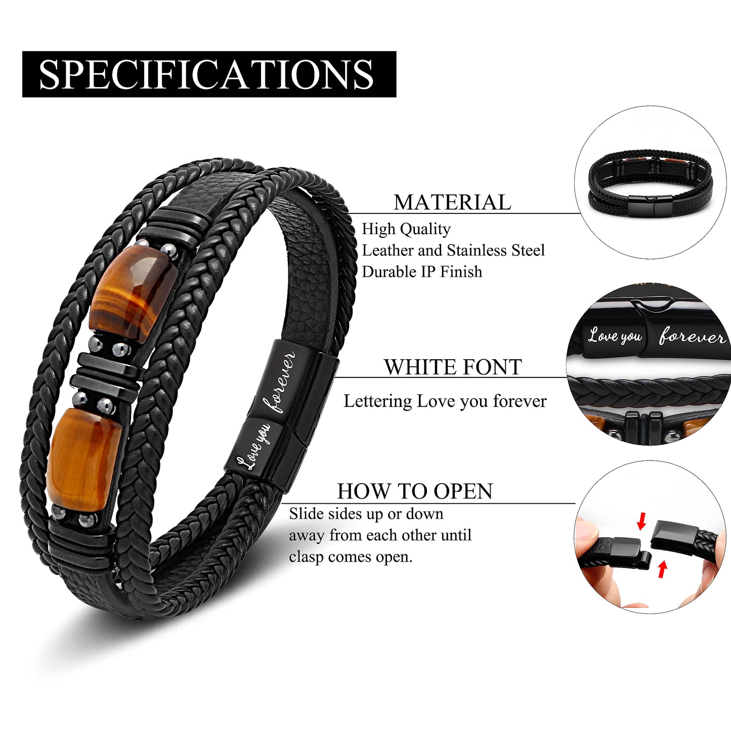 JoycuFF Gifts for Husband from Wife Leather Bracelets for Husband 2 Tiger Eye Stone Anniversary Birthday Love You Forever Mens Black Layered Braided Cuff Bracelet