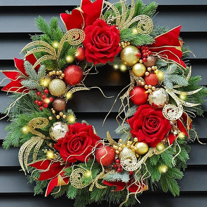 Christmas Wreaths for Front Door–24Inch Outdoor Christmas Door Wreath with Lights,Classic Xmas Wreath with Pinecone,White Berries and Silver Ornaments Design, Holiday Outdoor Wreaths Decor