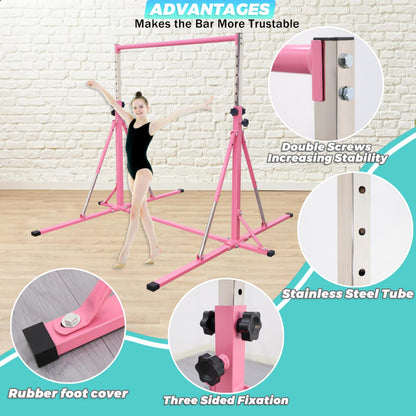 FC FUNCHEER Foldable Gymnastics Bar,5FT Horizontal bar,Adjustable Kids Training bar for Kids Ages 3-15,Kids Gymnastics bar,Triangle Stable Structure-Gym Equipment for Home