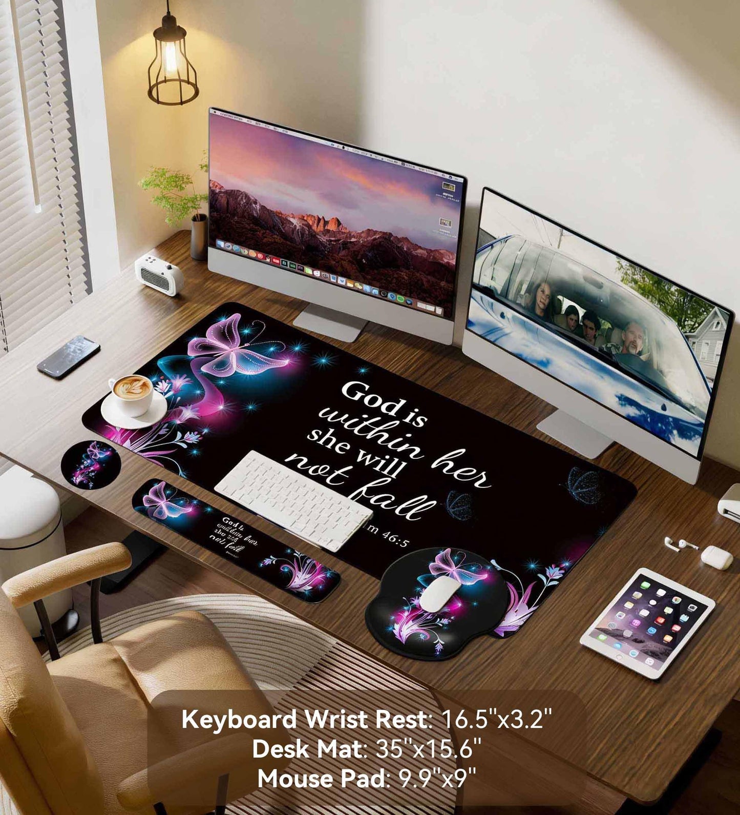 Desk Mat Set + Keyboard and Mouse Pad with Wrist Rest Support,4-in-1 Large Mousepad Computer Mats for Desktop Home & Office-Purple Butterflies