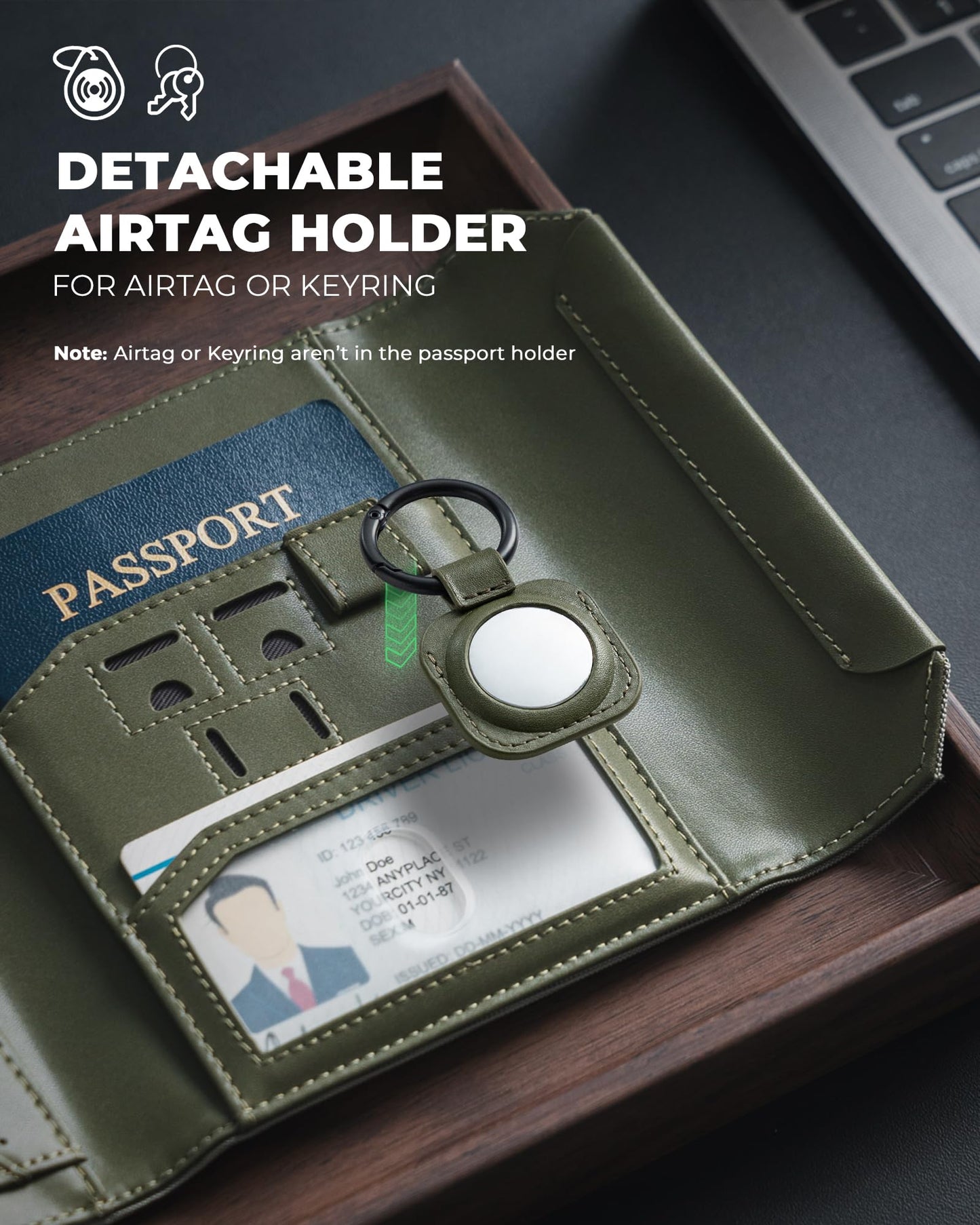 VULKIT Passport Wallet with Detachable AirTag Holder, Vegan Leather Passport Holder, RFID Blocking, Travel Essential, Magnetic Closure, Green
