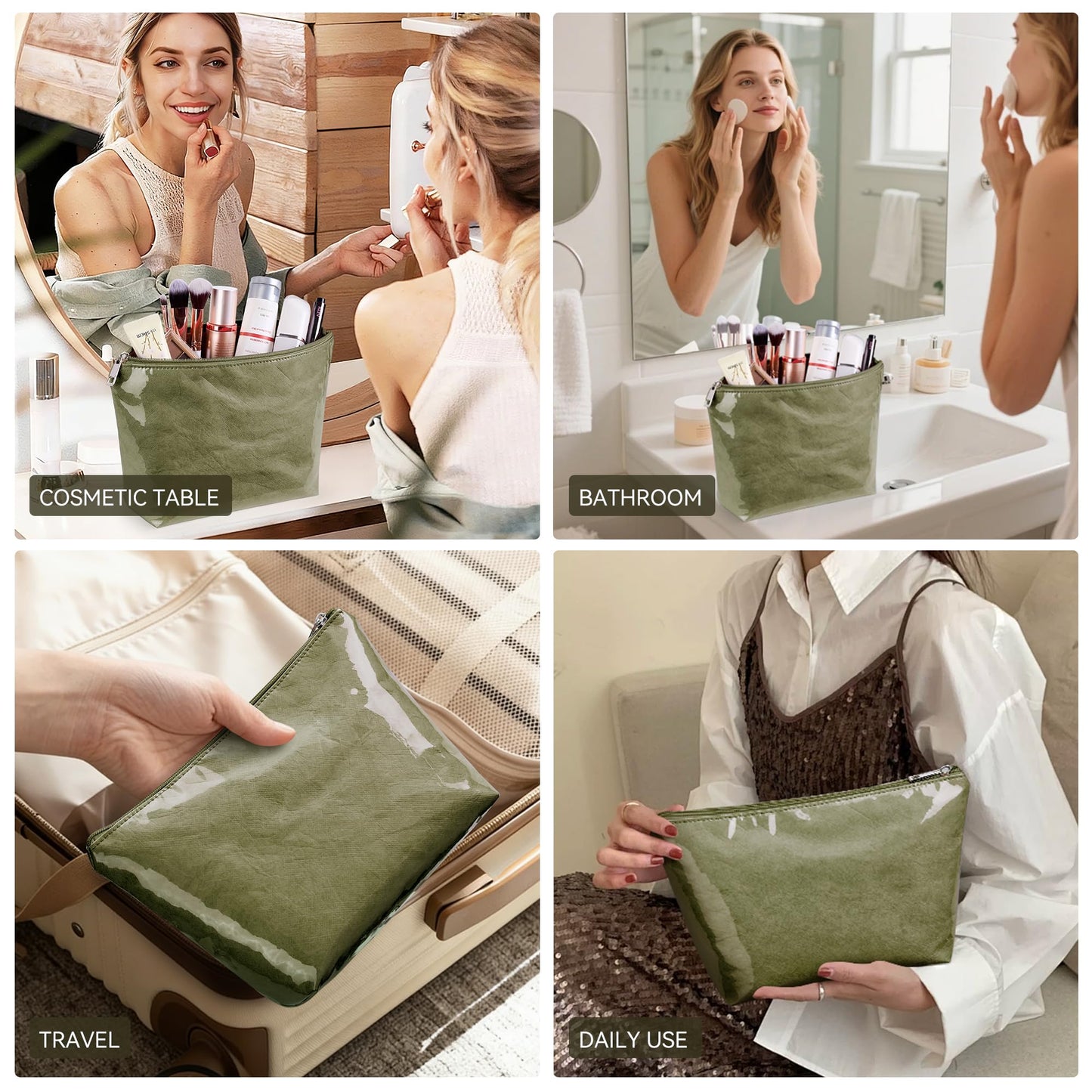 WLLWOO PVC Waterproof Makeup Bag Kraft Paper Cosmetic Bag Travel Toiletry Zipper Pouch Organizer for Women Purse