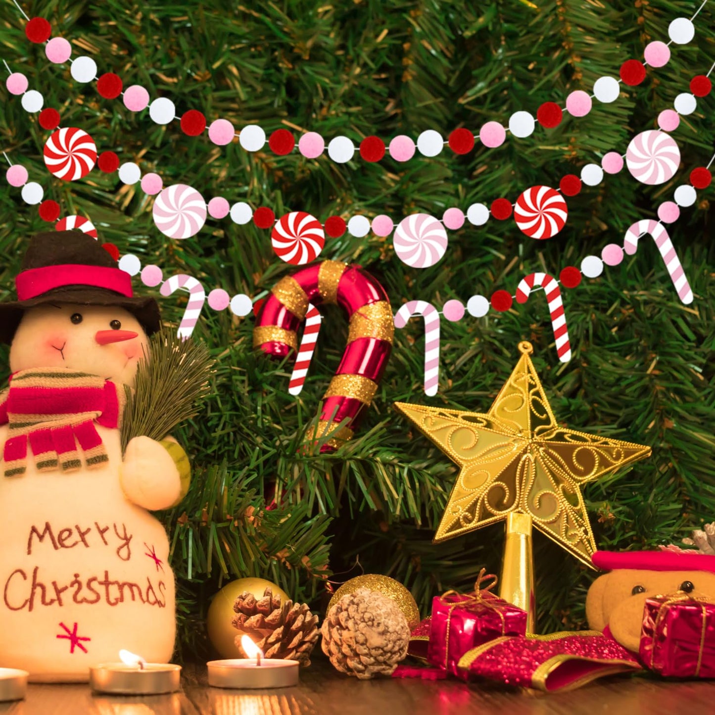 Doumeny 3Pcs Christmas Felt Ball Garland Candy Cane Felt Bunting Banner Candy Peppermint Pompom Bunting Garland Xmas Pink White Party Banner Winter Hanging Banner for Home Christmas Tree Wall Decor