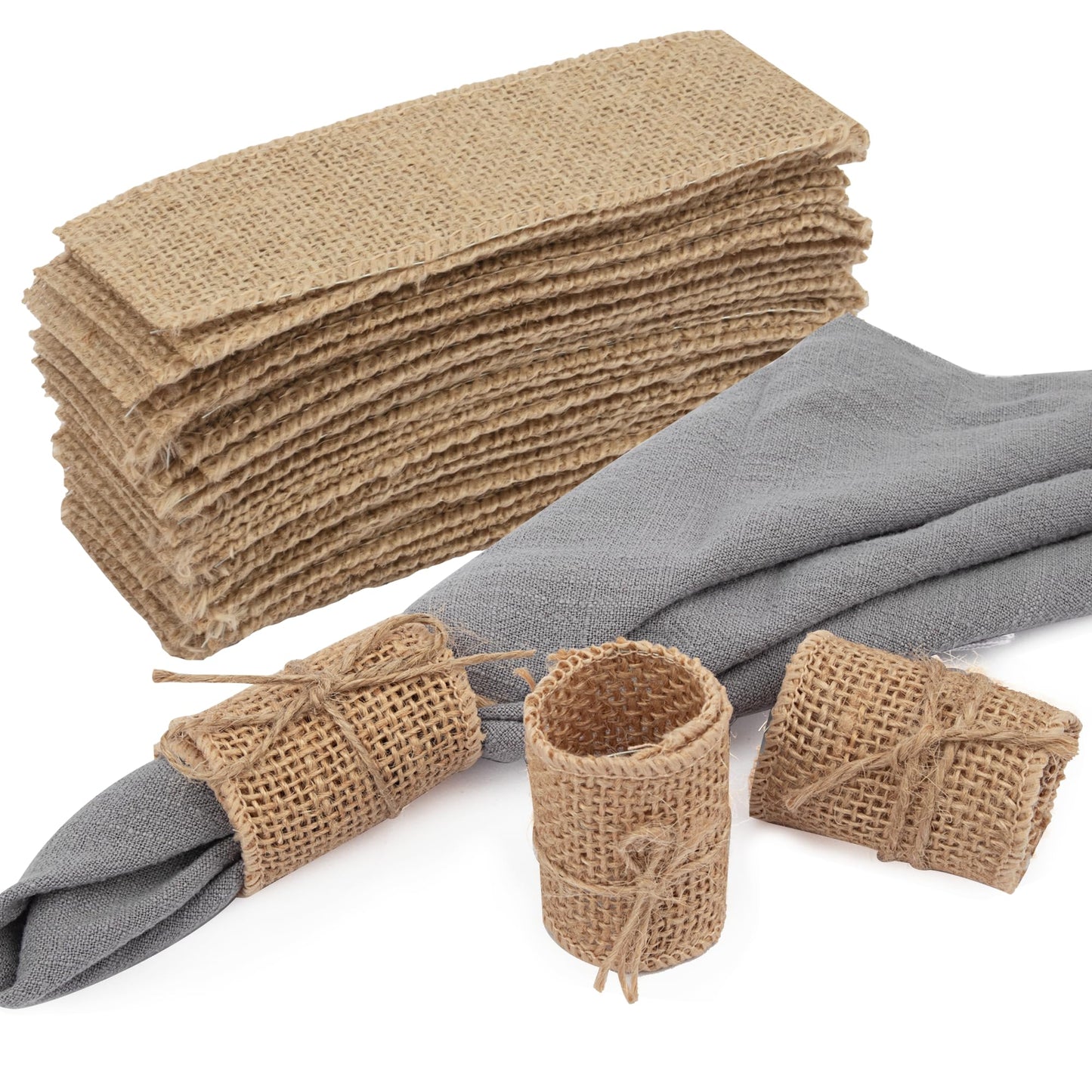 COMFORING 100pcs Burlap Napkin Rings with Wired Edge Disposable Napkin Rings Napkin Bands for Country Wedding Decorations Party Dinner Table Decorations