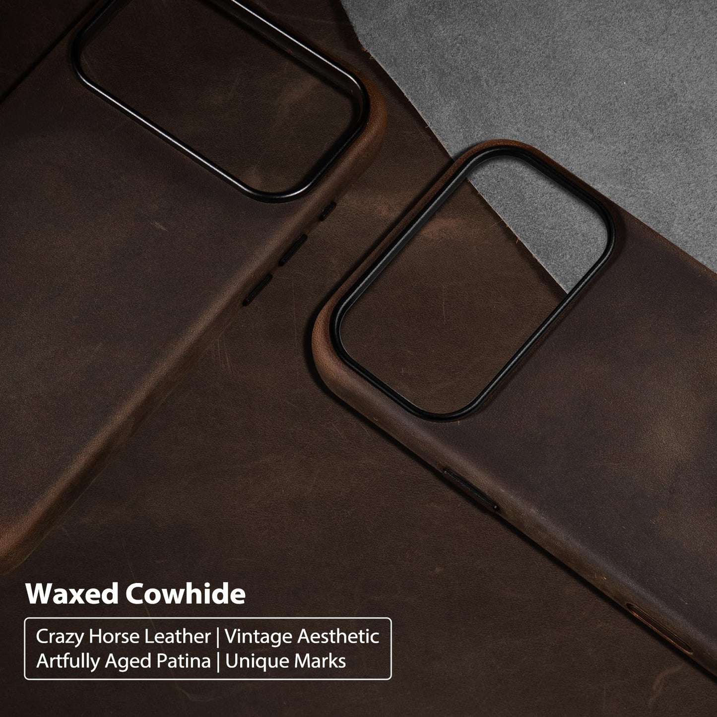 Belemay Handcrafted Crazy Horse Leather Case for iPhone 17 Pro Max, Compatible with MagSafe, Vintage Aesthetic, Two-Tone Effect, Unique Patina, Camera Control Button Coverage (6.9"), Rustic Brown