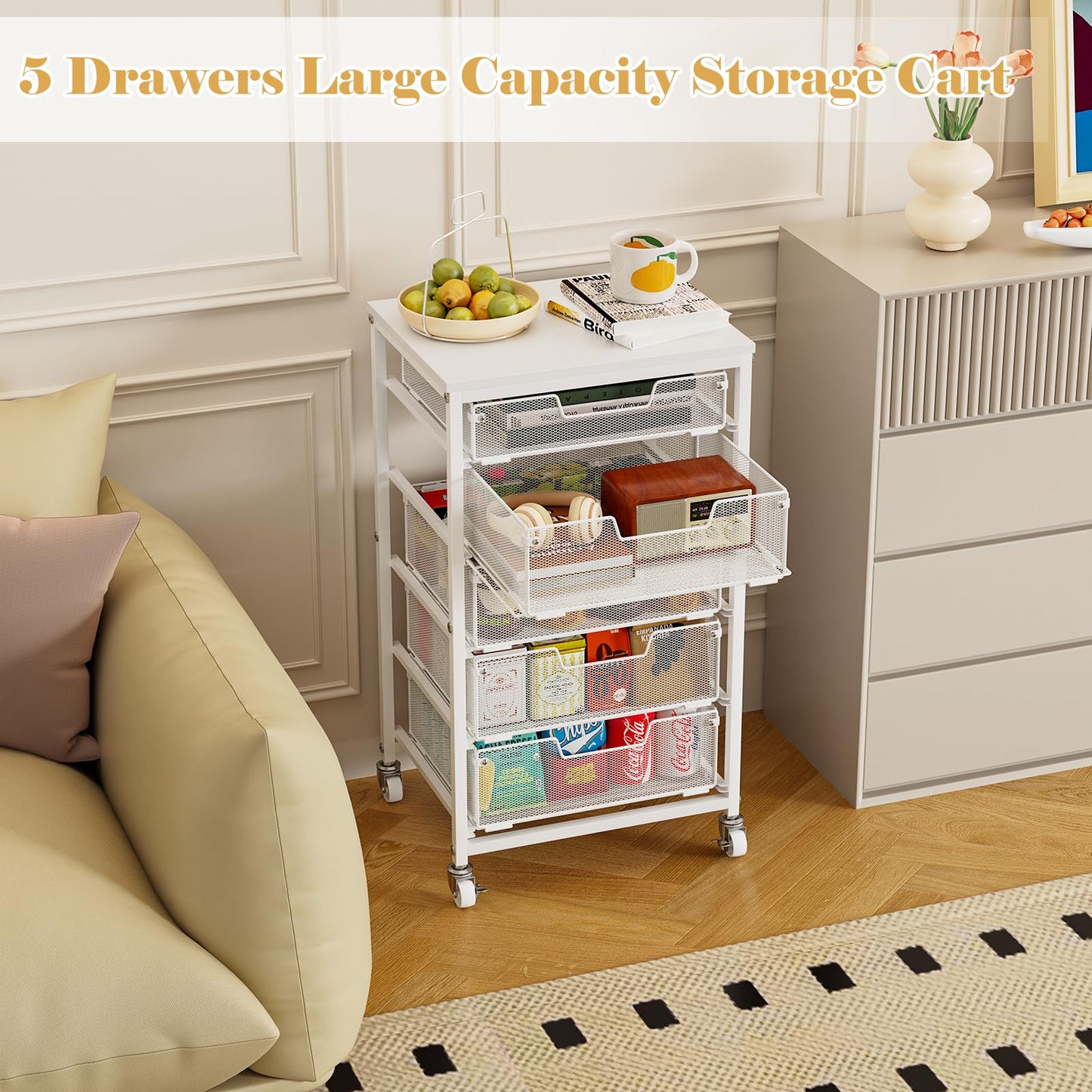 Sbanmao Utility Cart with 5 Drawers, Rolling Storage Cart with Wooden Tabletop and Lockable Wheels, Storage Drawer Cart with Drawers, Craft Cart for Bedroom, Classroom, Home, Office, White