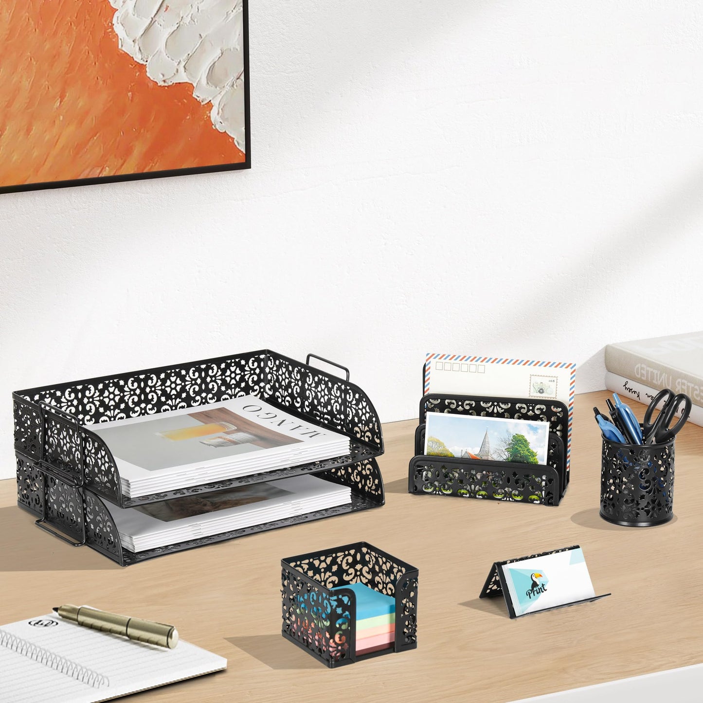 EasyPAG Desk Organizers and Accessories 5 Pieces Office Supplies Set - 2 Tier Paper Tray, Pencil Organizer for Desk, Mail Sorter Countertop, Business Card Holder and Sticky Note Holder, Black
