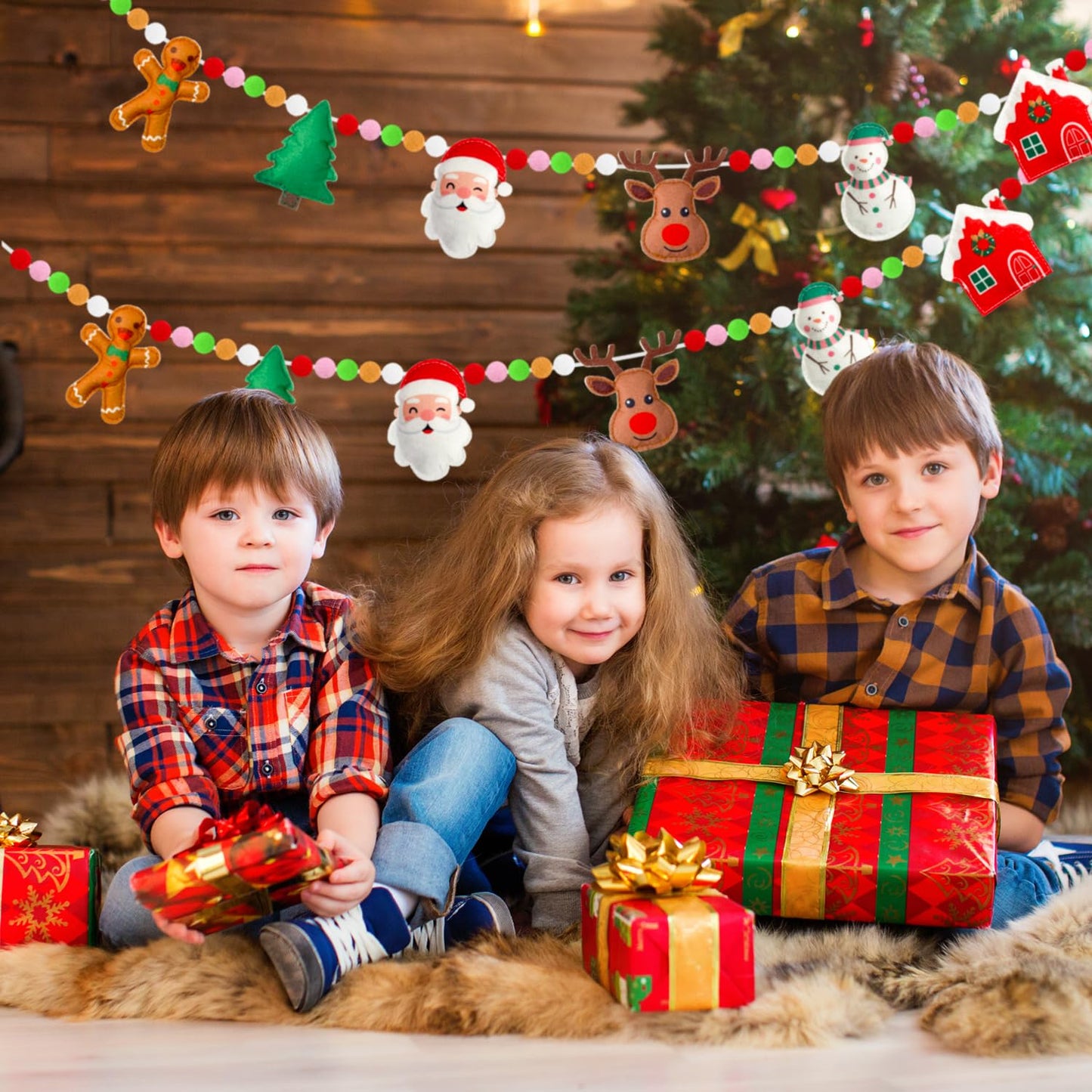 Doumeny 3D Christmas Felt Ball Garland Xmas Gingerbread Man House Garland Bunting Christmas Tree Felt Bunting Banner Santa Claus Snowman Elk Hanging Banner Winter Party Flag for Home Mantel Wall Decor