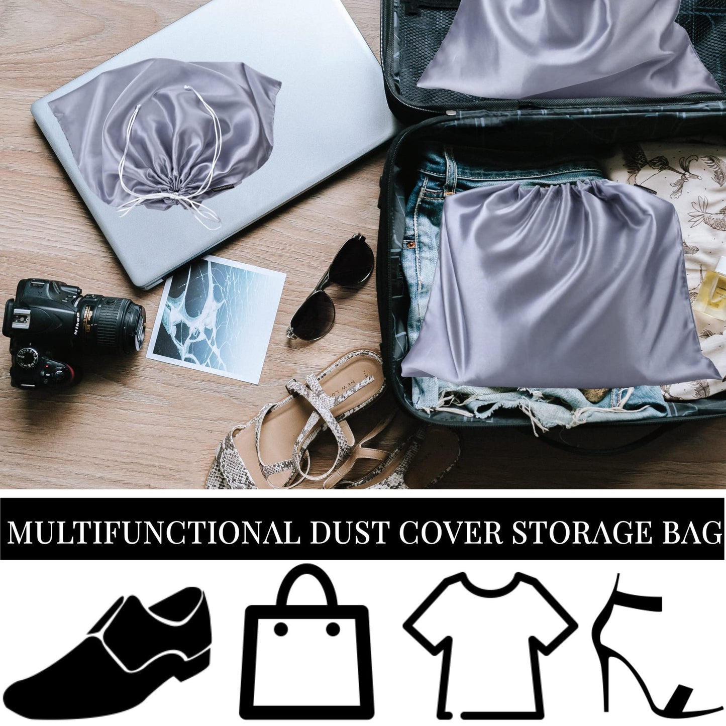 10 Pack Dust Bags for Purses and Handbags, Silk Dust Cover Storage Bag with Drawstring Travel Storage Pouch for Handbag Purse Shoes Boots (Gray, 23.6 × 19.6 in)