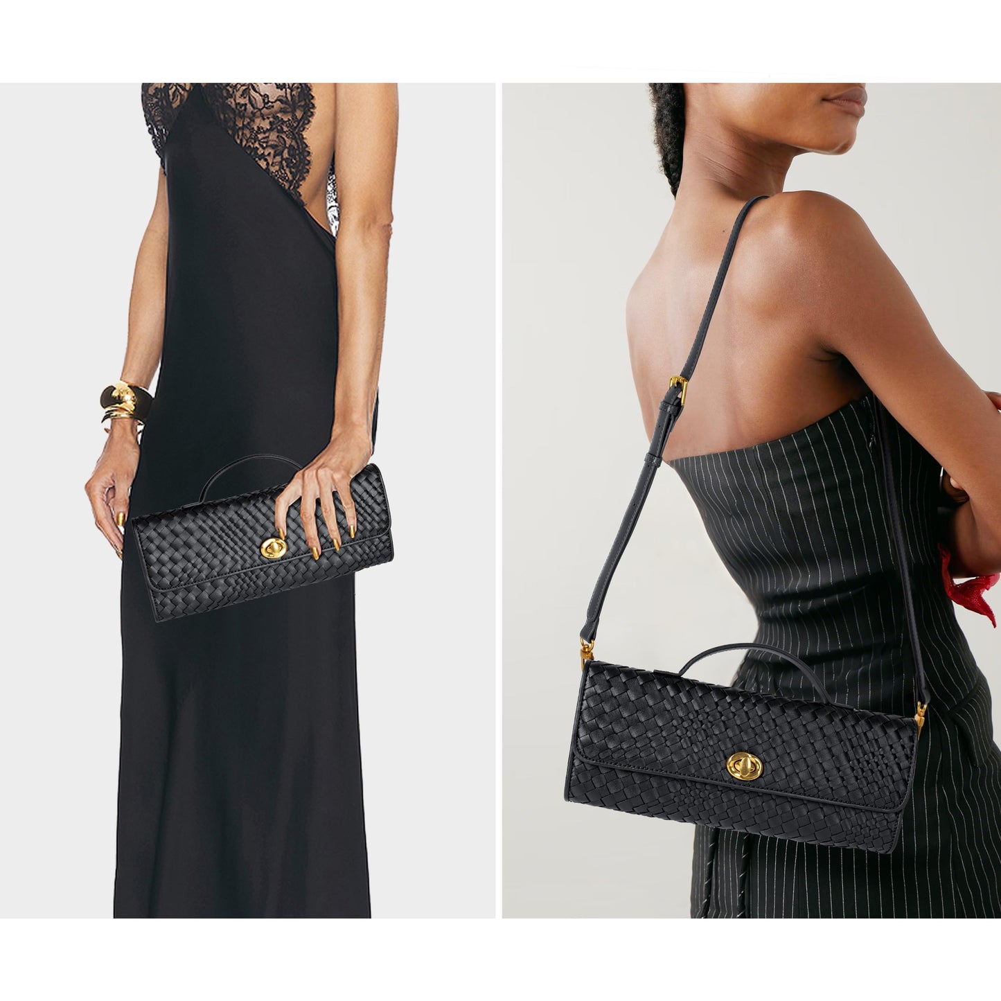 Joryin Woven Purse for Women Evening Clutch Woven Leather Handbags Black Crossbody Bag Purse Formal Evening Bag