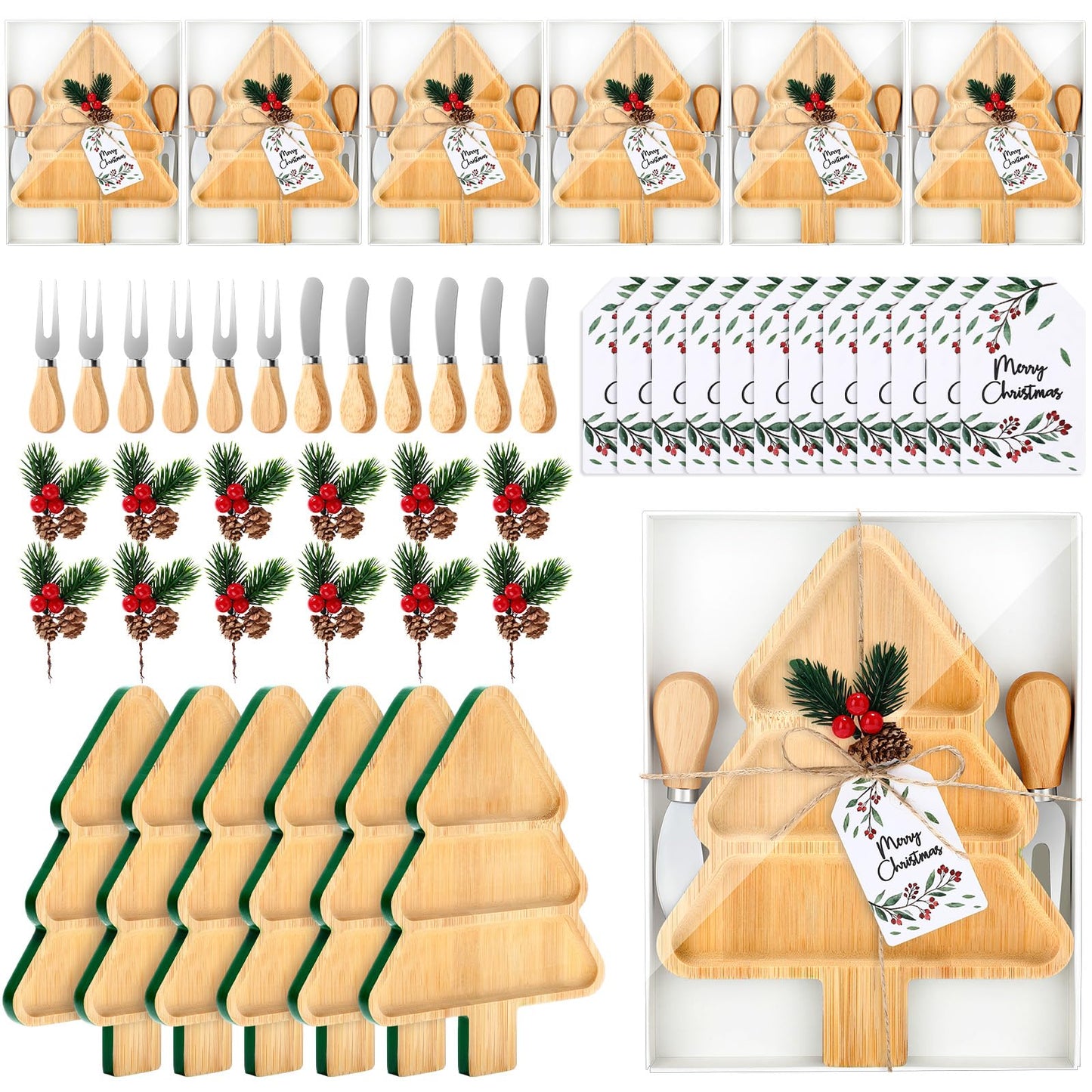 12 Set Christmas Charcuterie Board Gifts Bulk, Kitchen Gifts Christmas Tree Shaped Wooden Serving Tray Board with Knives Fork Red Berry Decorative for Snacks Cheese Desserts Holiday Xmas Party Gift