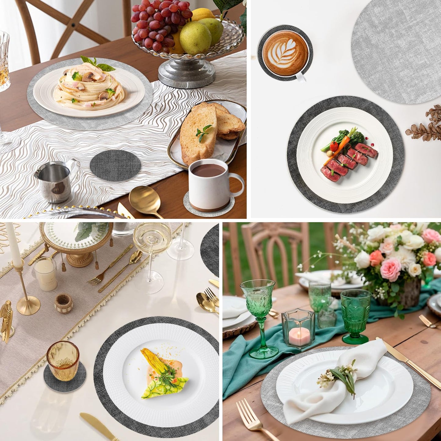 13" Round Placemats Set of 6 with Coasters, Reversible Faux Leather Heat Resistant Table Mats, 100% Waterproof Oilproof Wipeable Double-Sided Place Mats for Indoor/Outdoor Use (Light Grey) ﻿ ﻿