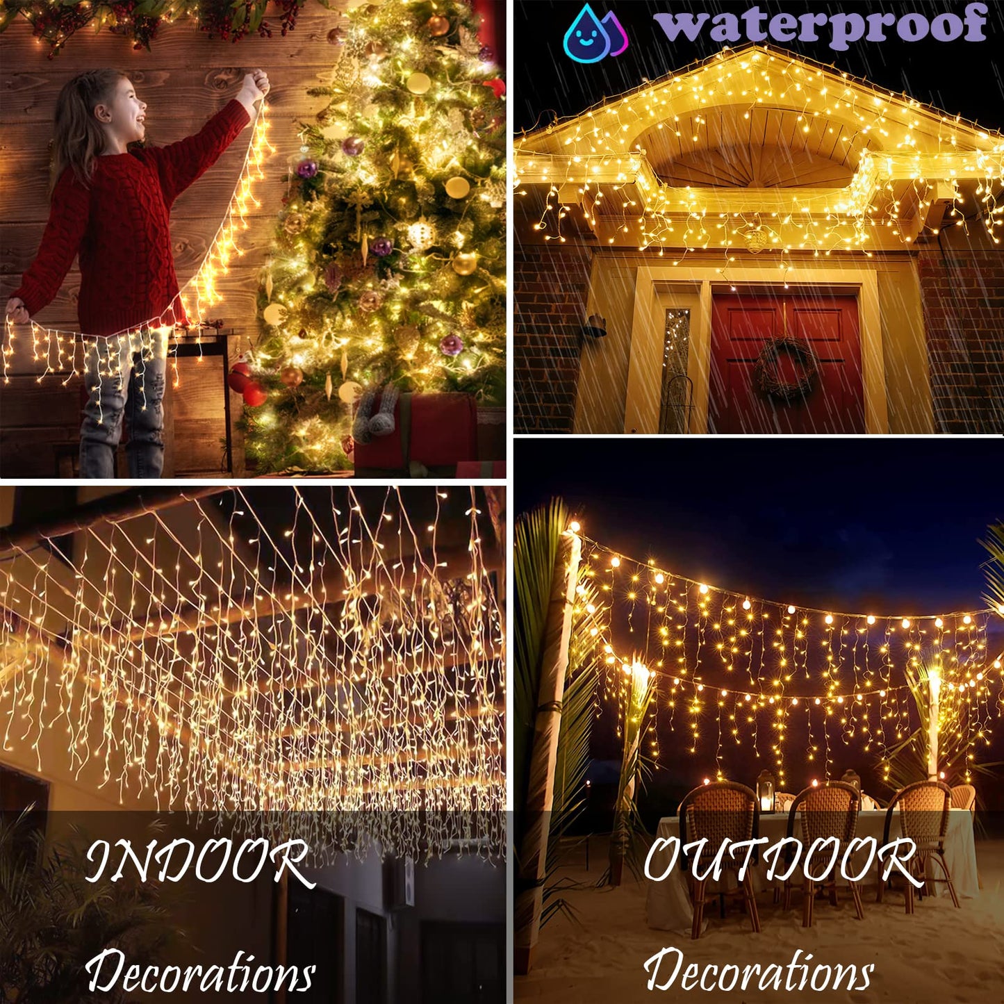 BLOFUN LED Lamps Outdoor Icicle Lights, 32.8 ft 400 LED - 8 Modes Curtain String Lights for Indoor/Outdoor, Wedding, Party, Holiday