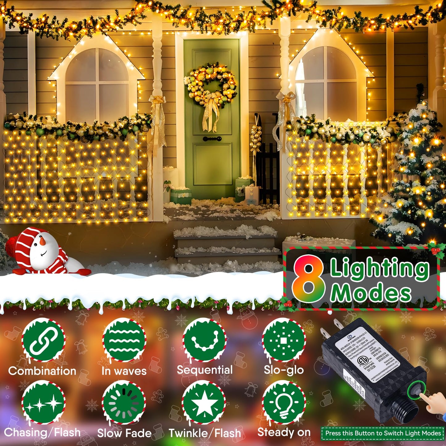 Hezbjiti Christmas Net Lights Outdoor 200 LED 6.9FT x 5.4FT Green Wire with 8 Modes, Connectable Plug in Waterproof, Timer Memory Function for Xmas Tree Bushes Porch Lawn Windows Decor（Warm White）