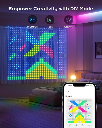 1600 RGBIC LEDs Smart Curtain Lights with DIY GIF, 6.6x6.6ft Color Changing Christmas Wall Lightss with APP, IP65 Waterproof String Fairy Lightss for Indoor Outdoor Bedroom Window Garage