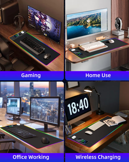 Wireless Charging Mouse Pad, RGB Gaming Mousepad, 31.5"x15.7" Extra Large Desk Pad, 13 Light Modes, Ultra-Smooth Surface, Non-Slip Base, Waterproof Computer Keyboard Mat for MacBook, PC, Laptop, Black