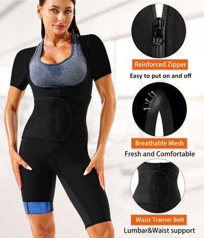 LMCOB Sauna Suit for Women Sweat Suit Waist Trainer for Weight Loss 4 IN 1 Slimming Full Body Shaper Sauna Jumpsuit Workout Vest with Shorts(BH70013-01-M)