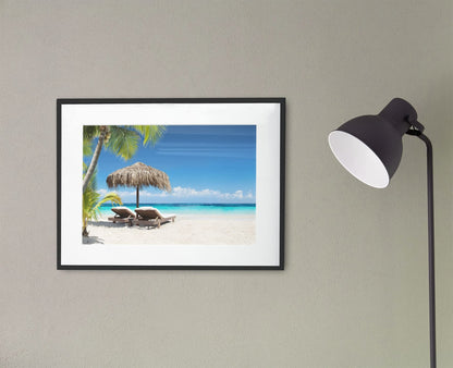 Beach Art Wall Decor Coral Beach Sand Sea Palapa Tropical Palm Tree Photo Sunset Landscape Pictures Ocean Scenic Scenery Nature Photography Paradise Cool Wall Art Print Poster 36x24