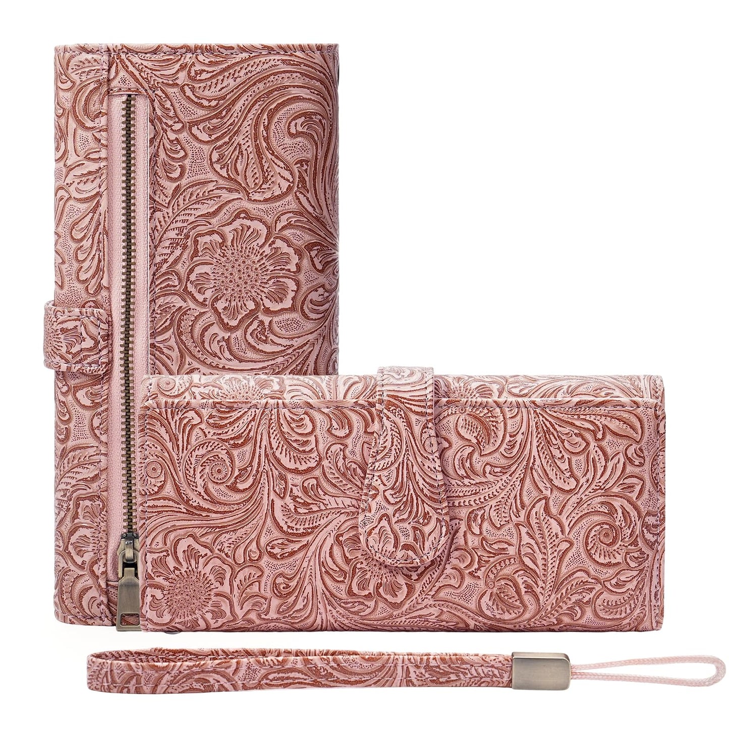BVEOGMRO Wristlet Wallet for Women Leather Clutch Purse Trifold Card Holder RFID Blocking Large Capacity Pink