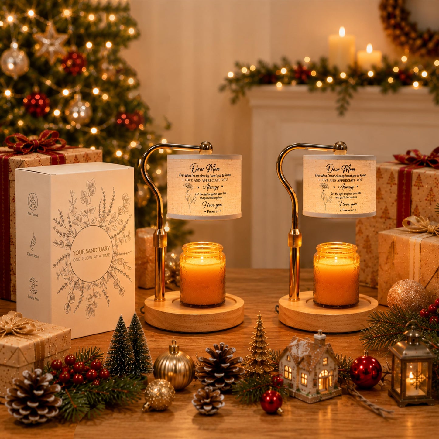 GIFTELIX Candle Warmer Lamp with Timer Dimmable - Dear Mom - Christmas Birthday Gift for Women Mom Mother from Daughter Son - Adjustable Height Wax Flameless Melter with 2 Bulbs - Cozy Home Decor