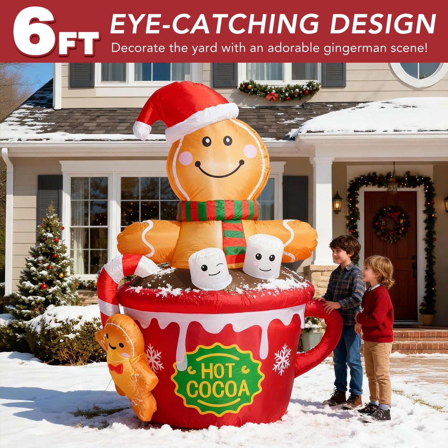 ZPISF 6 FT Christmas Inflatables Outdoor Decorations, Cute Christmas Blow Up Yard Decorations Gingerbread Man in Hot Cocoa Mug Scene for Garden Lawn Xmas Decor