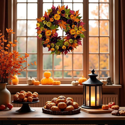 YULETIME 24" Fall Wreath, Artificial Autumn Wreath with Red, Orange, Green Maple Leaves and Orange, Purple, Green-Yellow Pumpkins (Pumpkin & Maple Leaf)