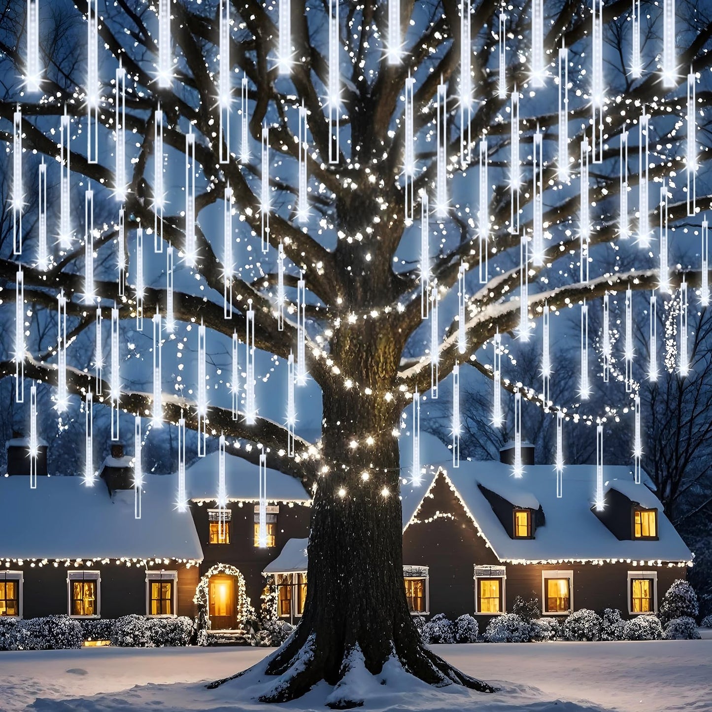 Adecorty Christmas Lights Outdoor, Meteor Shower Light 8 Tubes 192LED UL Certified Snow Falling Rain Cascading Icicle Lights for Xmas Tree Christmas Decorations Outdoor Wedding Party Window, White
