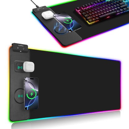 Wireless Charging Mouse Pad, RGB Gaming Mousepad, 31.5"x15.7" Extra Large Desk Pad, 13 Light Modes, Ultra-Smooth Surface, Non-Slip Base, Waterproof Computer Keyboard Mat for MacBook, PC, Laptop, Black