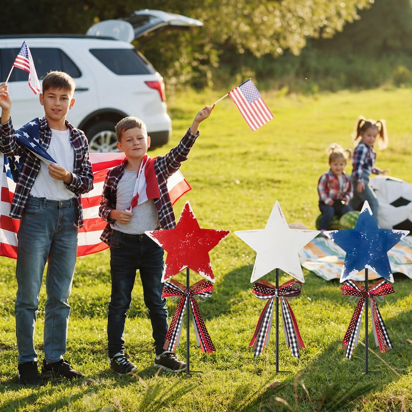 Amyhill 4th of July Outdoor Decor Patriotic Star Metal Garden Stakes Welcome Yard Signs Retro Red White Blue American Star Garden Stakes for 250th Anniversary Patio Lawn Walkway Outside Decorations