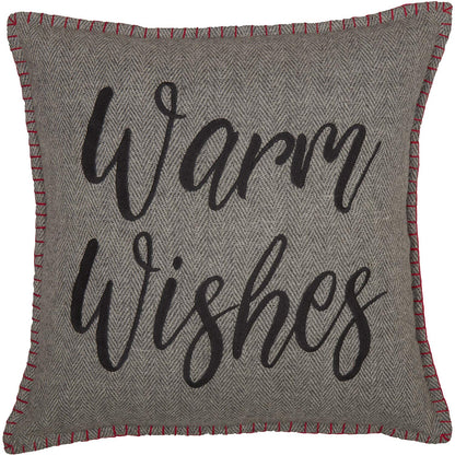 VHC Brands Anderson Warm Wishes Text Textured Felt Rustic Christmas Decor Embroidered Whipstitch Square 18x18 Filled Pillow, Cherry Red