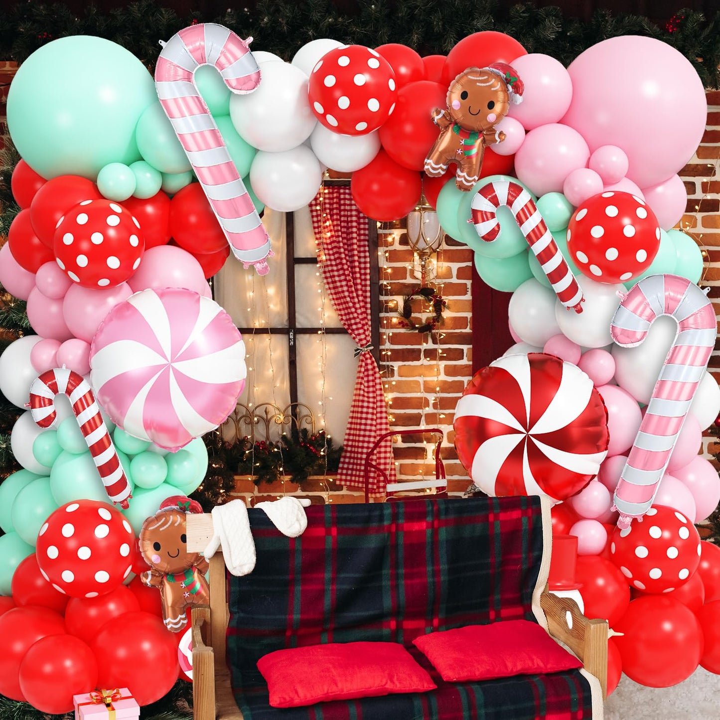 Christmas Balloons Arch Xmas 132PCS Red Pink Green White Balloons Garland for Gingerbread Party Decorations with Cane Foil Balloons Lollipop Candy Balloon New Year Cookie Exchange Decor