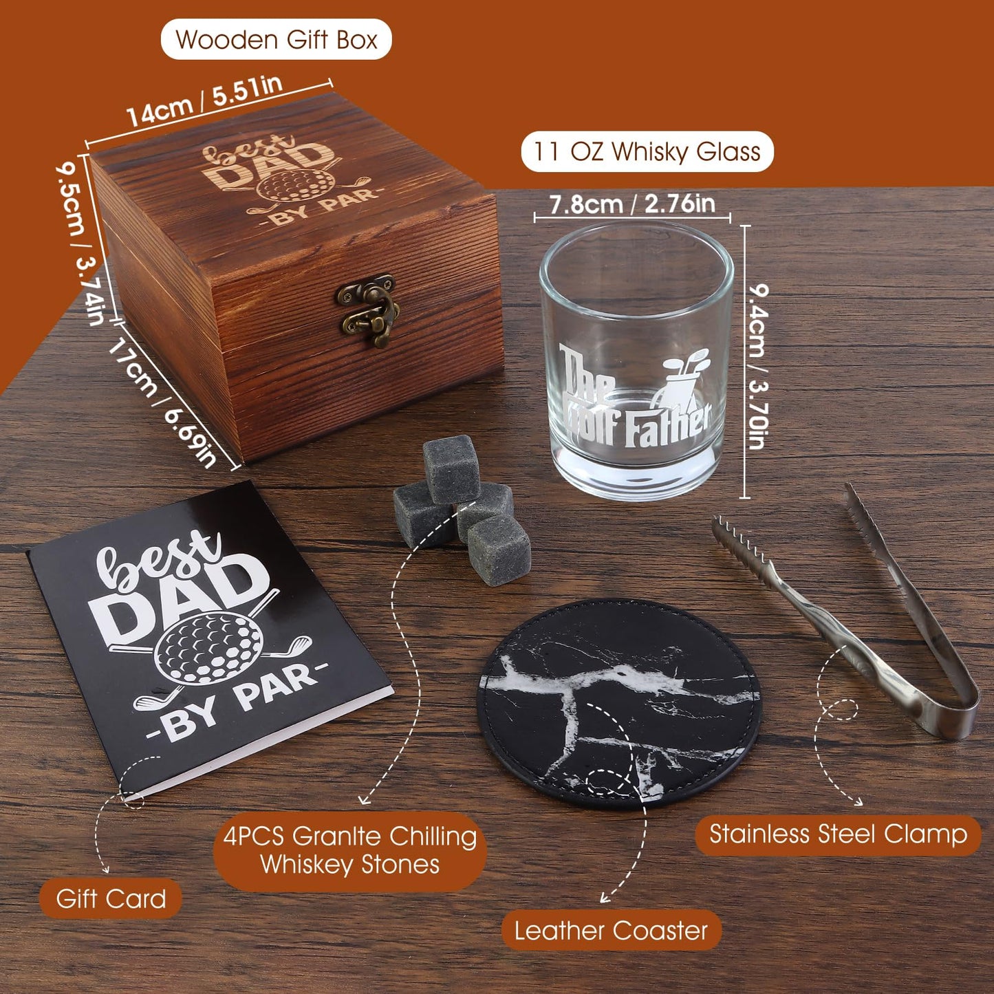 Bayelove Whiskey Glass Gifts for Golf Dad, Best Gift for Men, Gift with 12oz Whiskey Glasses, Stones, Coaster, Wooden Box for Golf-Dad