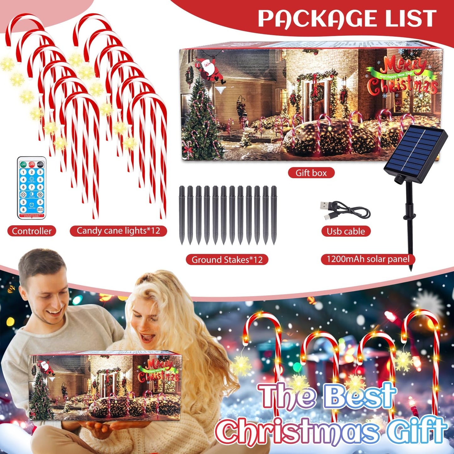Solar Candy Cane Lights, 12 Pcs Christmas Decorations Outdoor, 8 Modes and Timer, Solar & USB Rechargeable, Waterproof Pathway Lights for Outdoor Christmas Yard Patio Walkway Decor