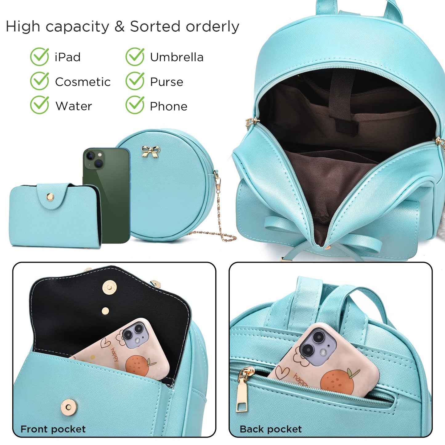 I IHAYNER Girls Bowknot 3-Pieces Fahsion Leather Backpack Backpack Purse for Women Rucksack for Ladies Shoulder Bag Orange