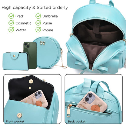 I IHAYNER Girls Bowknot 3-Pieces Fahsion Leather Backpack Backpack Purse for Women Rucksack for Ladies Shoulder Bag Pearl Blue