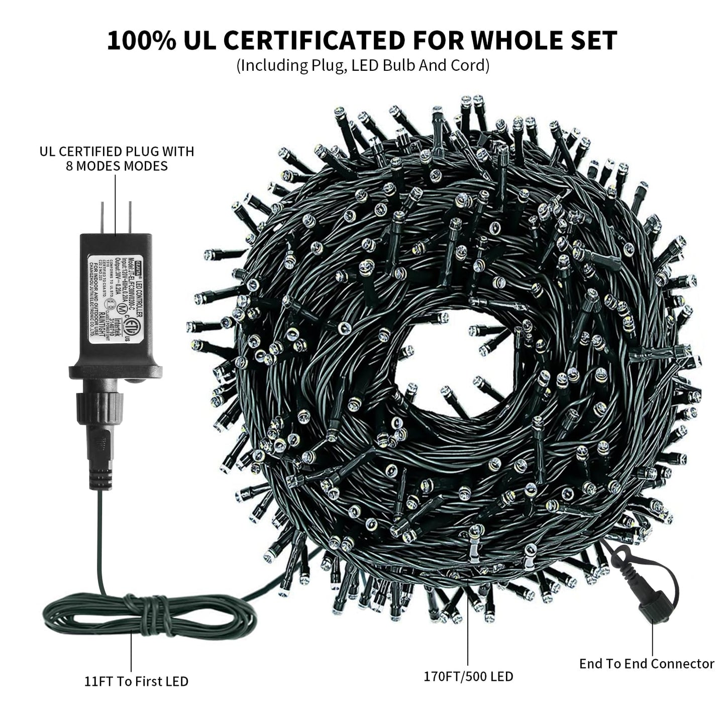 XTF2015 170FT 500 LED Christmas String Lights, Christmas Lights End-to-End Plug 8 Modes - UL Certified - Outdoor Indoor Fairy Lights for Christmas Tree, Garden, Party, Wedding, Holiday (Cool White)