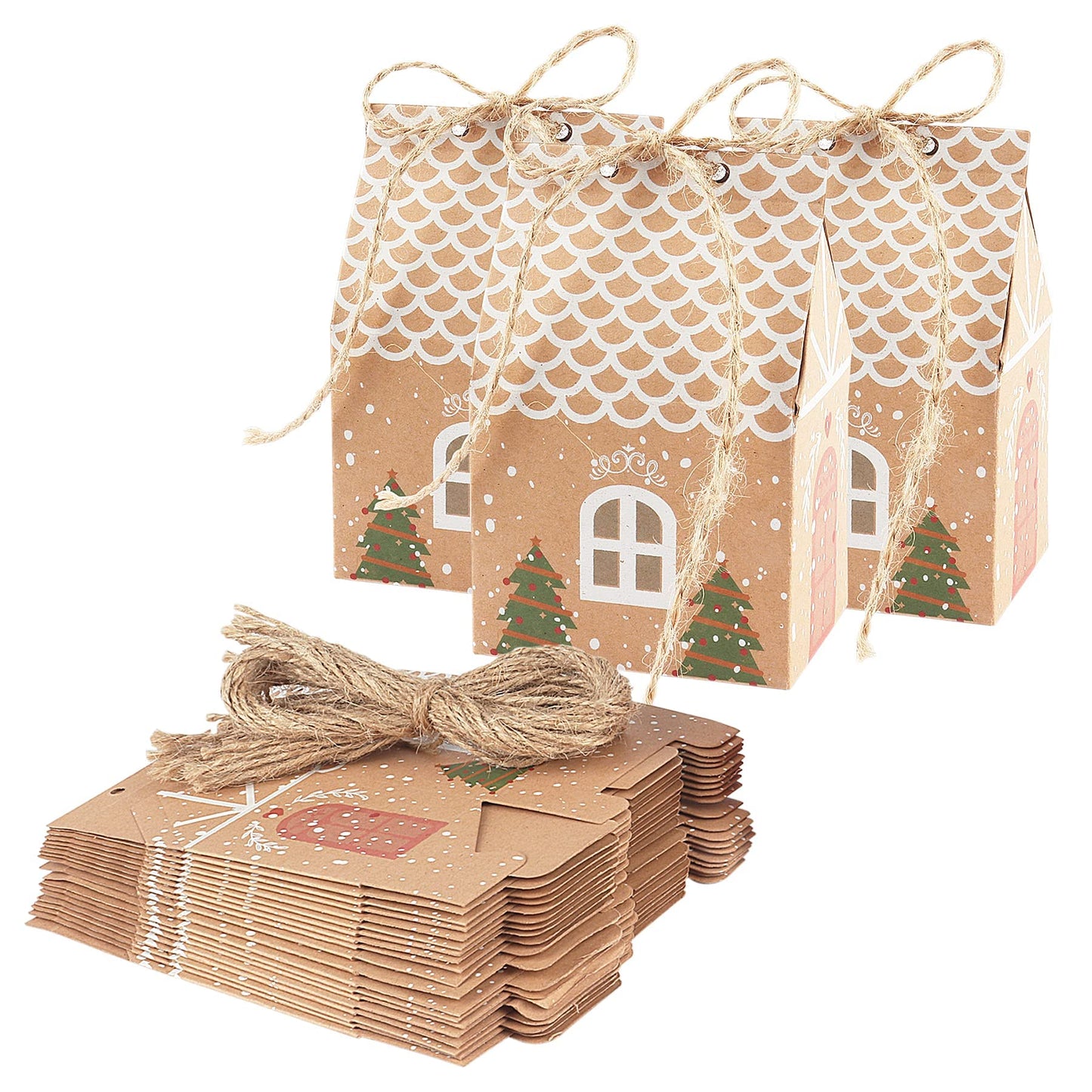 ANCIENTPWR 20 Christmas Candies Treats Boxes for Gift Giving Small Kraft Paper Goodie Bags for Kids with Xmas Tree for Party Favor