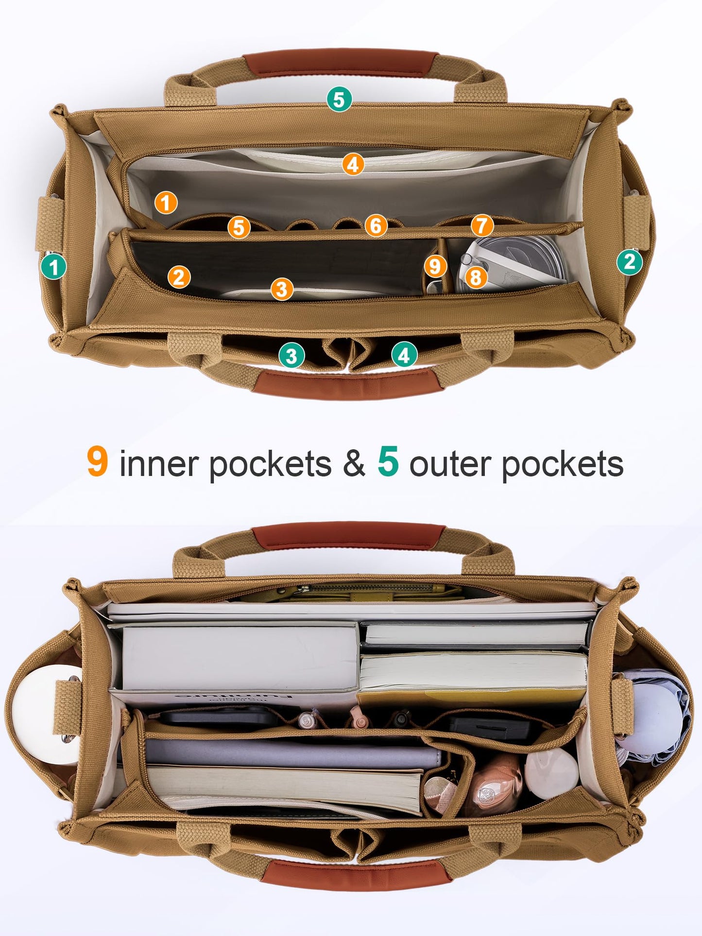 FIORETTO Women's Canvas Tote Bag with Zipper Top, Individual Compartments, Reinforced Bottom, Trolley Sleeve & Adjustable Strap, Doubles as a Crossbody Purse for Work, Travel & Bible, Khaki Brown M