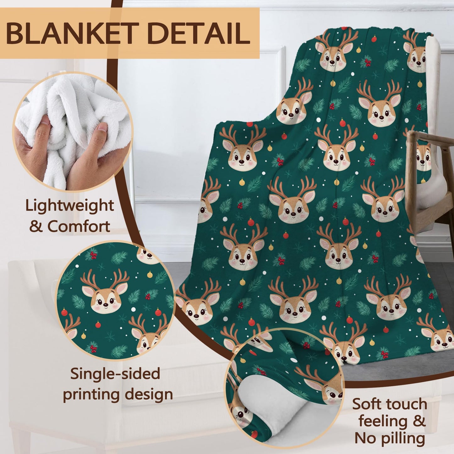 Cute Elk Throw Blanket for Couch Home Decoration,Green Christmas Pine Leaf Cozy Fluffy Blanket,Decorative Flannel Fleece Fall Throw for Sofa Living Room Travel,Camping,Naps,Reading50 X 60 Inch
