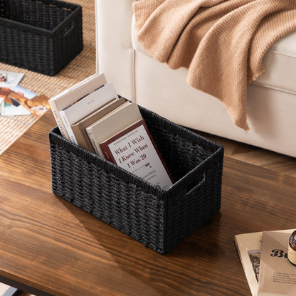 UBBCARE 2 Pack Wicker Basket, 13.4L×8.3H×7.1W inch Woven Paper Rope Storage Baskets for shelves, Foldable Rectangular Storage Baskets with Handle, Storage Basket for Organizing, （Black,2pack Medium）
