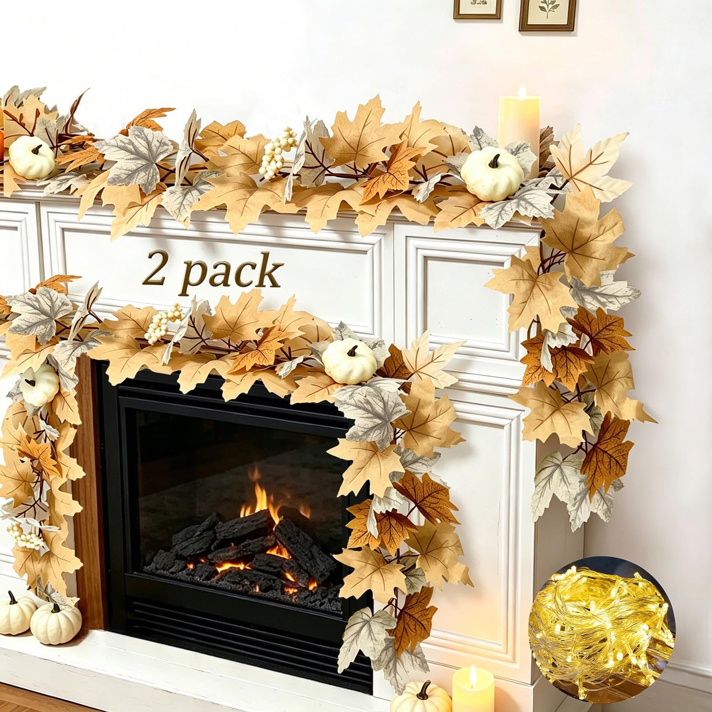 2 Pack Fall Garland Maple Leaf with Lights Fall Decor, 6Ft/Piece Fake Leaves Pumpkin Berry Vine Autumn Foliage Garland for Mantle Fireplace Halloween Thanksgiving Decorations Christmas Home Decor