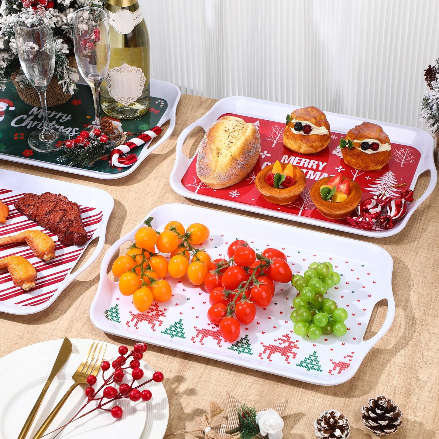 Bokon 4 Pcs Christmas Serving Trays with Handles 16"x 11" Large Christmas Platters Serving Dish Rectangular Xmas Tree Winter Holiday Food Tray for Snack Cookie Candy Dessert Plate Party(Classic Xmas)